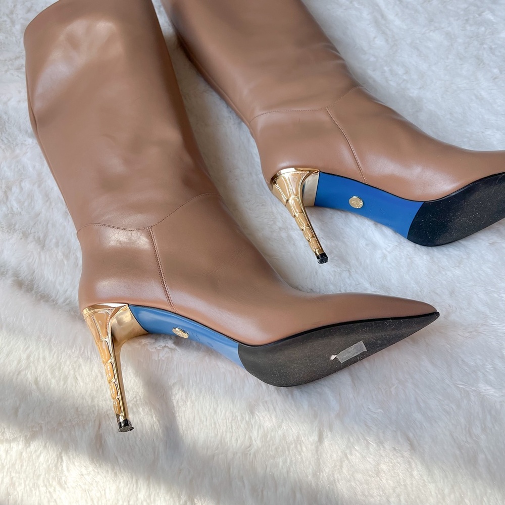 $725 Loriblu Made In Italy Camel Taupe Knee High Boots High Heel Pointy Toe 40IT - Picture 4 of 15